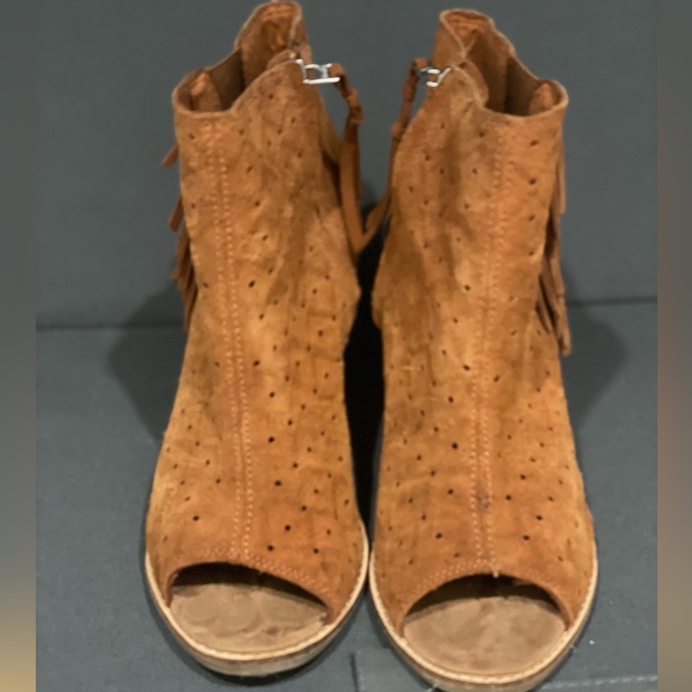 TOMS Suede Open-Toed Fringe Booties
